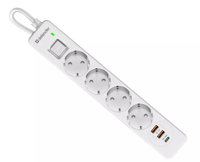 Сетевой фильтр Defender DFS 141 - 1,5 М, 4 розеток, 2xUSB, 1xType-C, белый